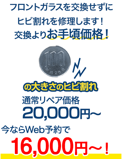 フロントガラスを交換せずにヒビ割れを修理します！交換よりお手頃価格！ 100円玉の大きさのヒビ割れ 通常リペア価格20,000円～のところを、今ならWeb予約で10,000円～！